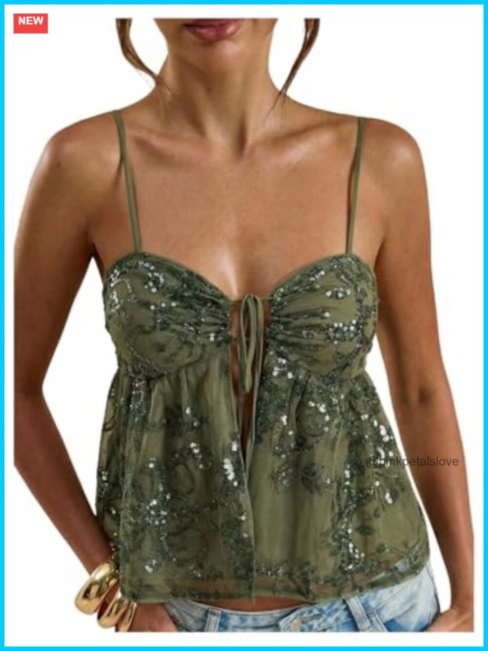 Sequin Cami Top Ruffle Sparkly Tie Front Split Party Club